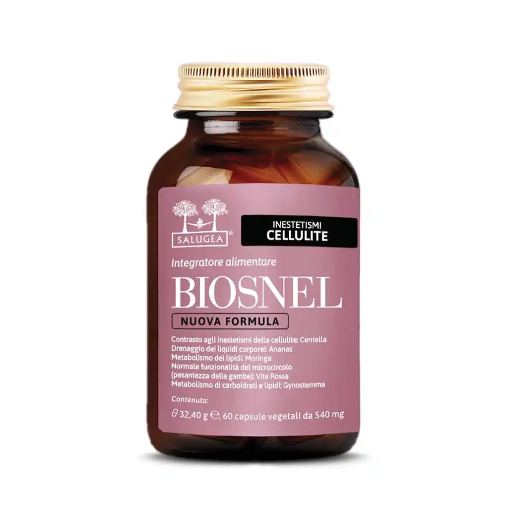 Flacone di Biosnel Nuova Formula Salugea, integratore per gli inestetismi della cellulite con Ananas, Centella, Moringa, Vite Rossa e Gynostemma