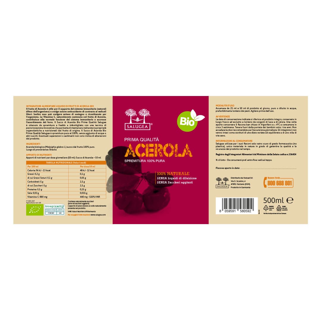 etichetta del succo di acerola Salugea