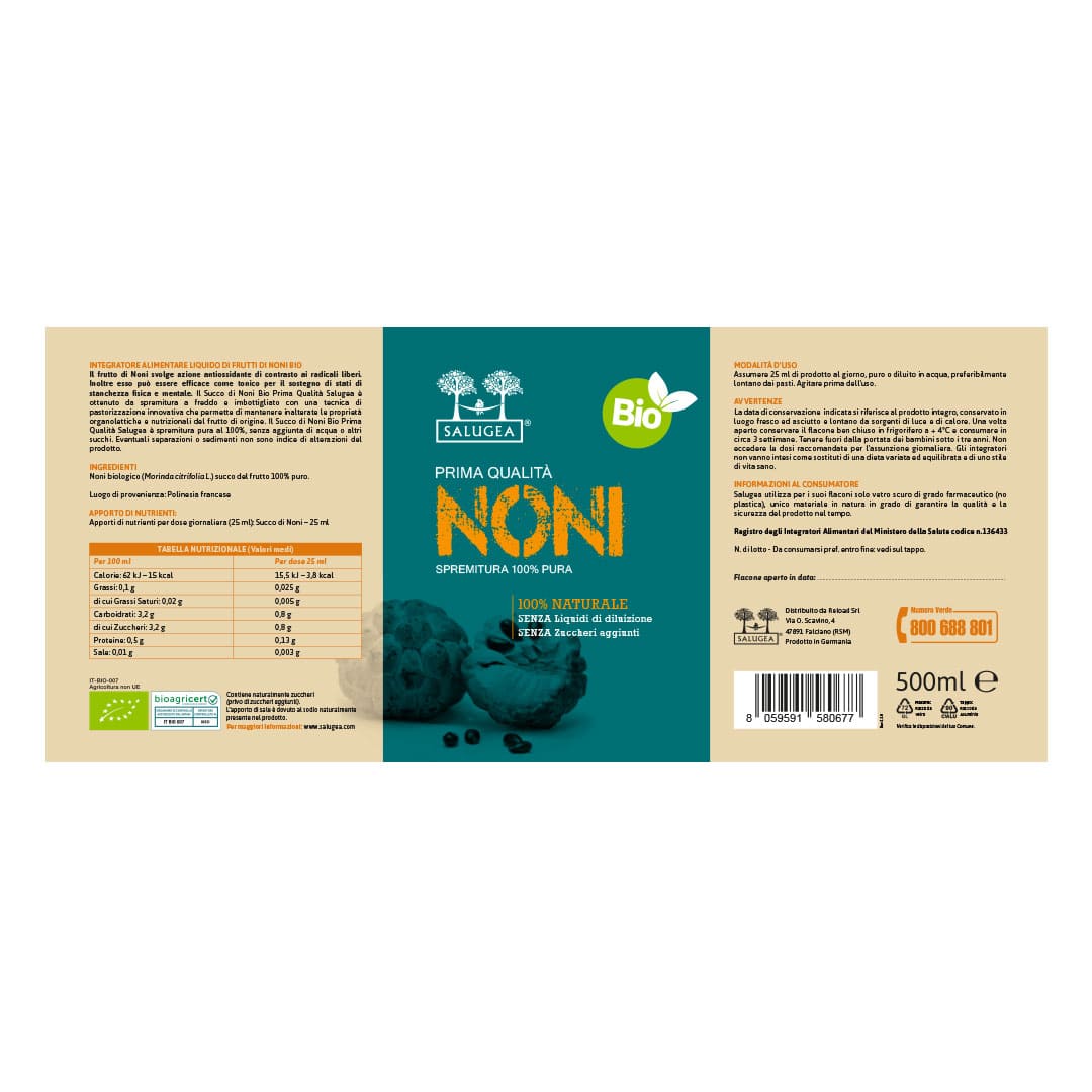 etichetta del succo di noni biologico Salugea