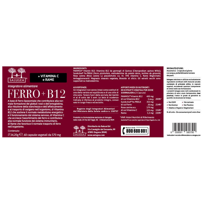 etichetta dell'integratore di Ferro e vitamina B12 Salugea