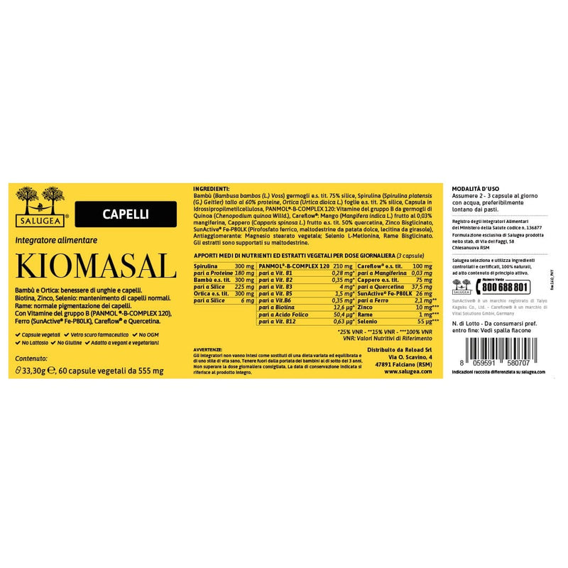 etichetta dell'integratore per capelli Kiomasal Salugea