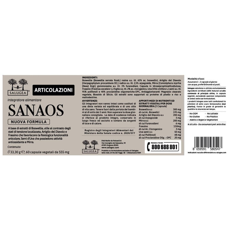 etichetta dell'integratore per le articolazioni Sanaos Nuova Formula Salugea