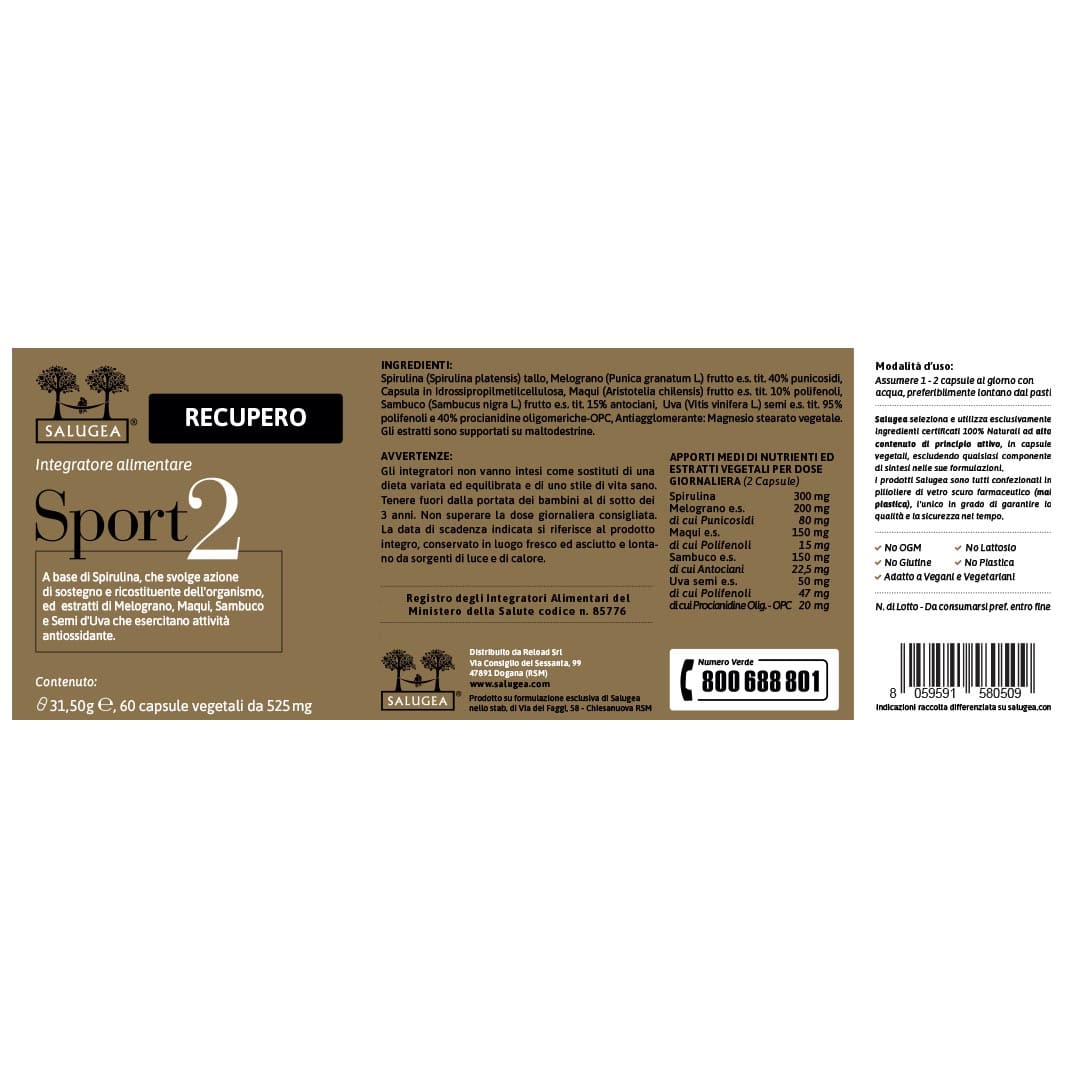 label of Sport 2 Recupero Salugea, the muscle recovery supplement