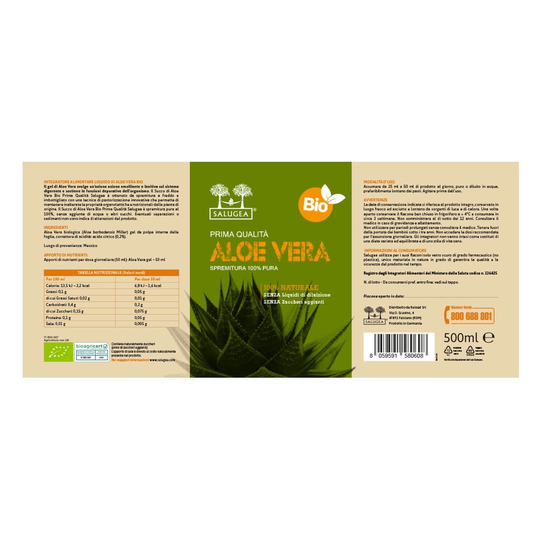 etichetta del Succo di Aloe Vera Bio Salugea