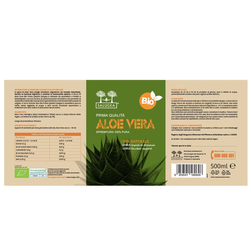 etichetta del Succo di Aloe Vera Bio Salugea