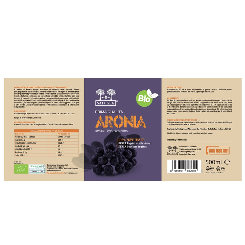 etichetta del Succo di Aronia Bio Salugea