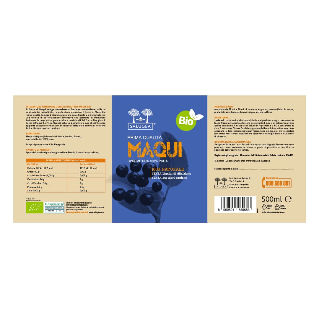 etichetta del Succo di Maqui Biologico Salugea