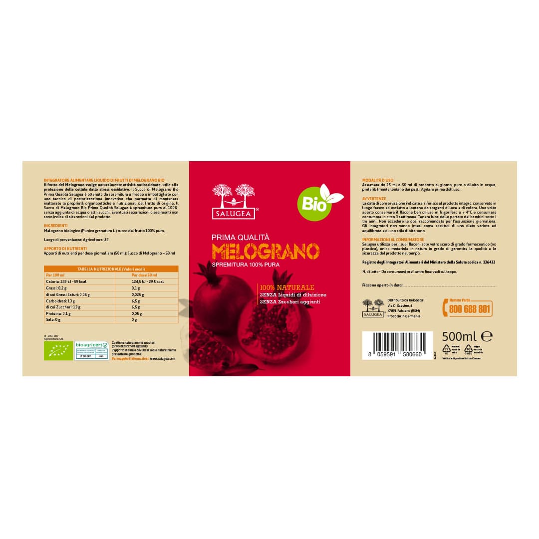 etichetta del Succo di Melograno Bio Salugea