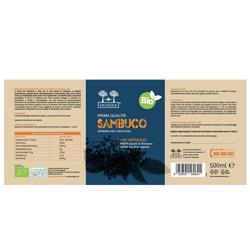 etichetta del Succo di Sambuco Biologico Salugea