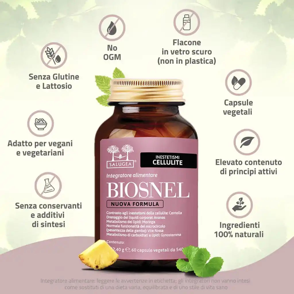 Caratteristiche di Biosnel Nuova Formula: senza glutine e lattosio, no OGM, capsule vegetali, flacone in vetro scuro, ingredienti 100% naturali