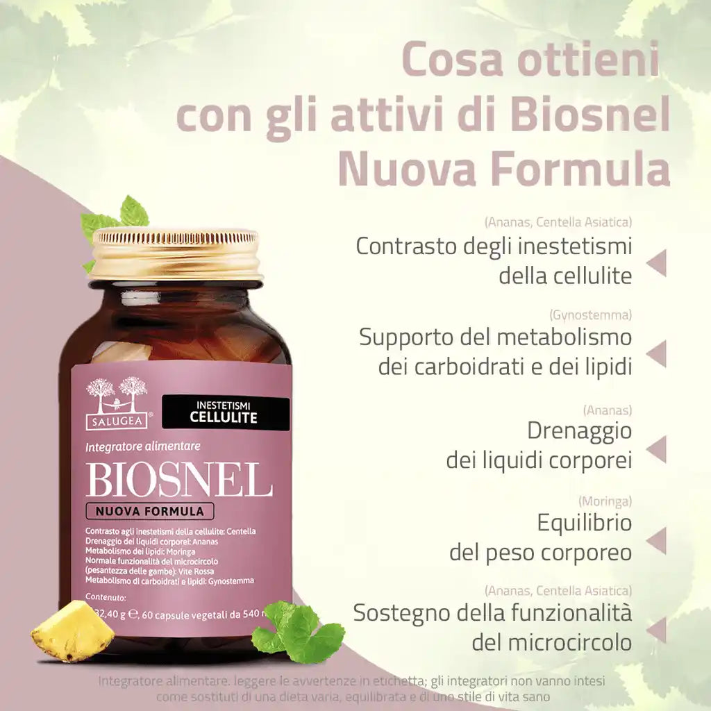 Cosa ottieni con gli attivi di Biosnel Nuova Formula: contrasto degli inestetismi della cellulite, supporto del metabolismo, drenaggio dei liquidi, equilibrio del peso e microcircolo