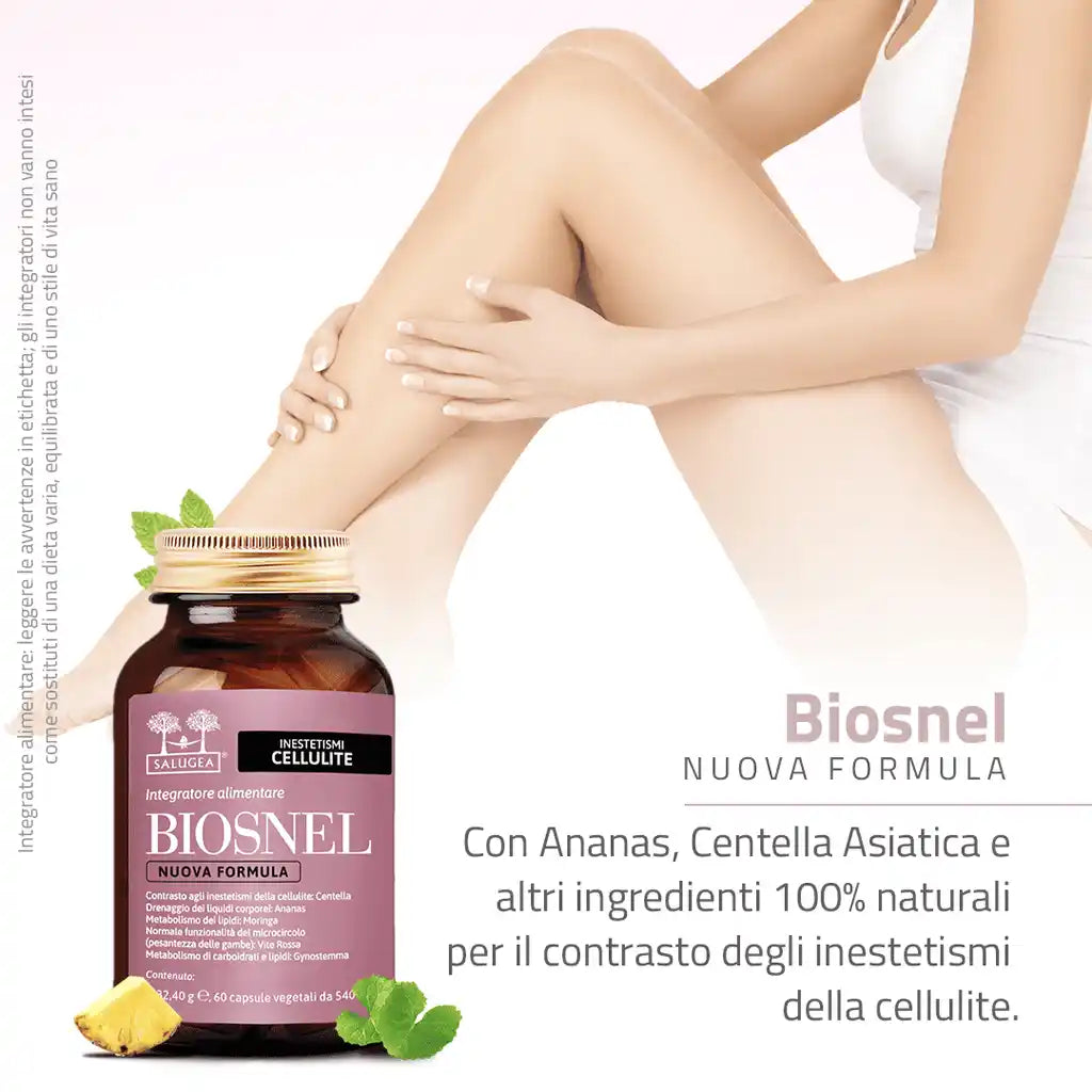 Donna che accarezza le gambe lisce accanto a Biosnel Nuova Formula, integratore con Ananas e Centella per gli inestetismi della cellulite