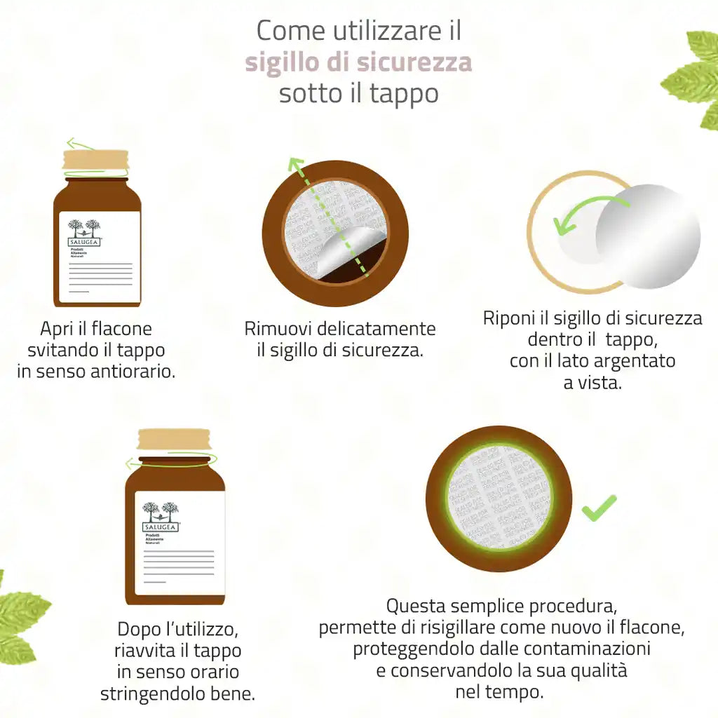 Come usare il sigillo di sicurezza sotto il tappo del flacone di Biosnel: apri, rimuovi, riponi, riavvita