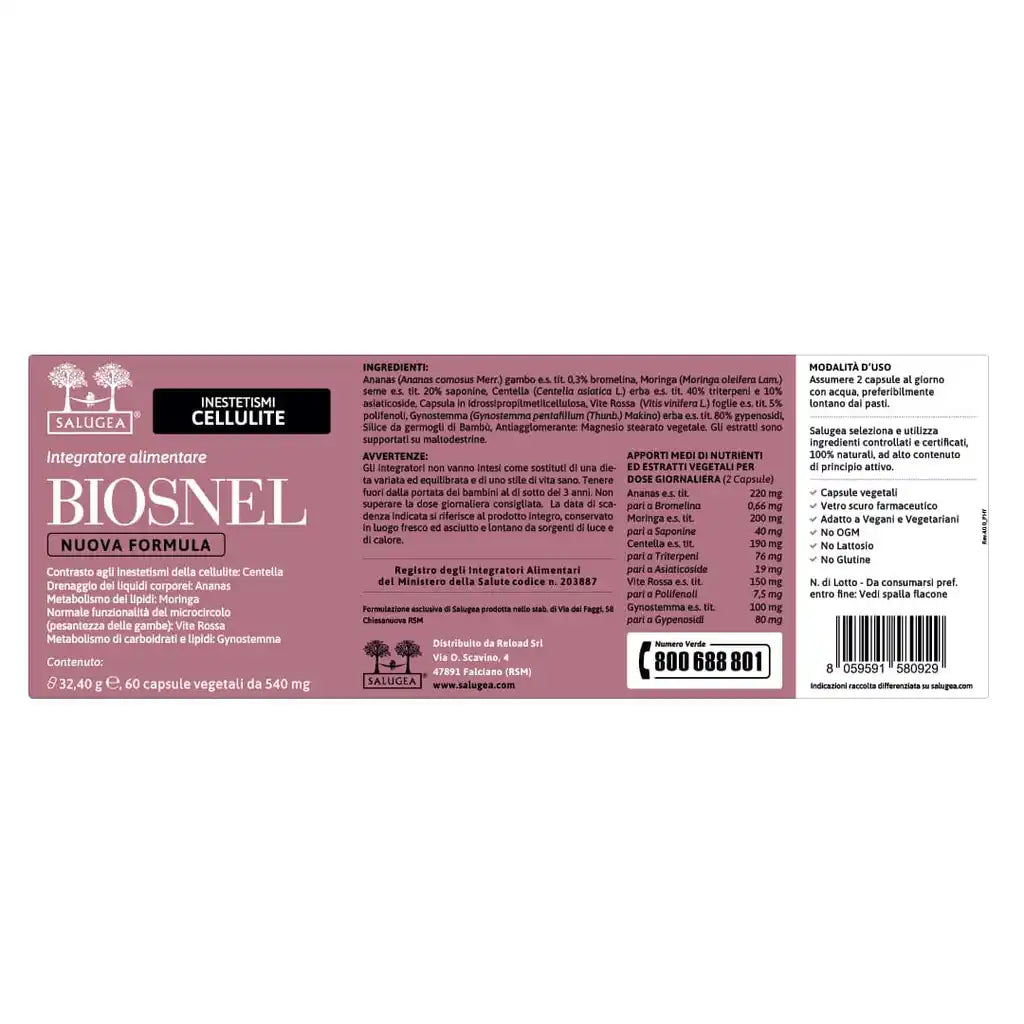 Etichetta di Biosnel Nuova Formula Salugea con ingredienti, apporti per dose, modalità d'uso e avvertenze