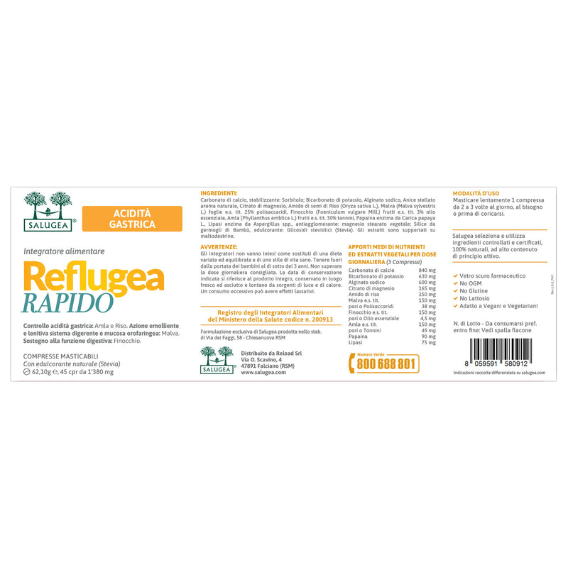 etichetta dell'integratore antiacido naturale reflugea rapido