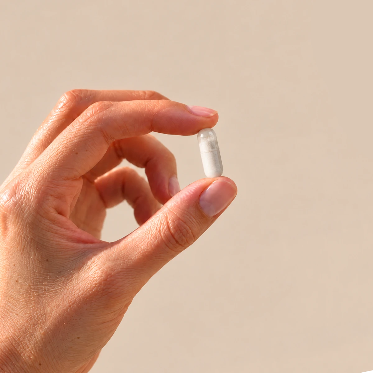 capsula di ProbioGea Donna tenuta tra le dita