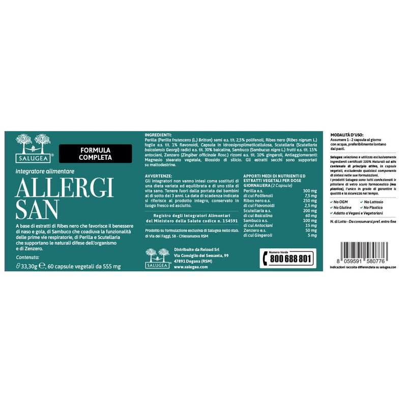 etichetta dell'integratore alimentare Allergisan Salugea