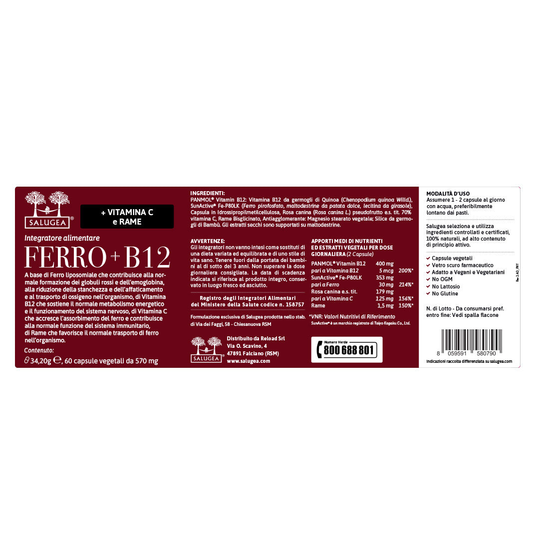 etichetta dell'integratore di Ferro e vitamina B12 Salugea