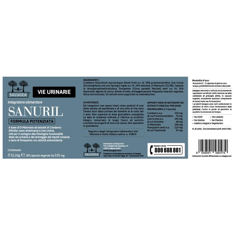 etichetta dell'integratore per le vie urinarie Sanuril Formula Potenziata Salugea