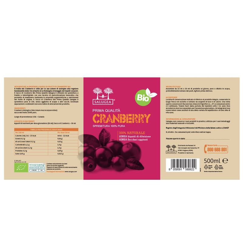 etichetta del succo di cranberry biologico Salugea